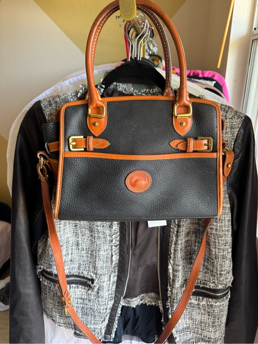 Dooney & Bourke Black Pebbled Leather Satchel with Brown Trim